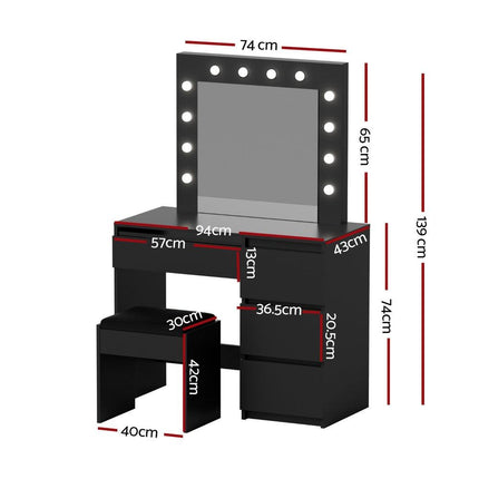 Artiss Dressing Table Set Stool 12 Led Bulbs Black.