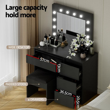 Artiss Dressing Table Set Stool 12 Led Bulbs Black.