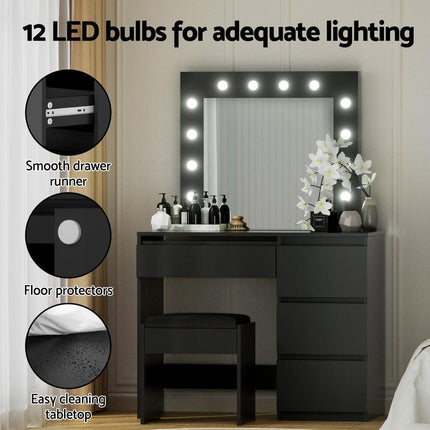 Artiss Dressing Table Set Stool 12 Led Bulbs Black.