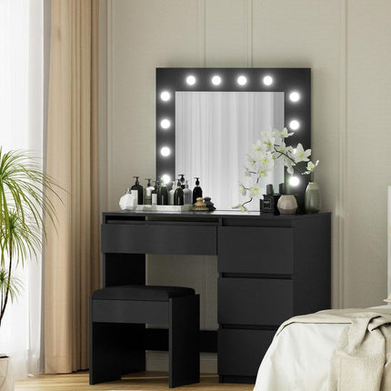 Artiss Dressing Table Set Stool 12 Led Bulbs Black.