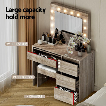 Artiss Dressing Table Set Stool 12 Led Bulbs Wood.