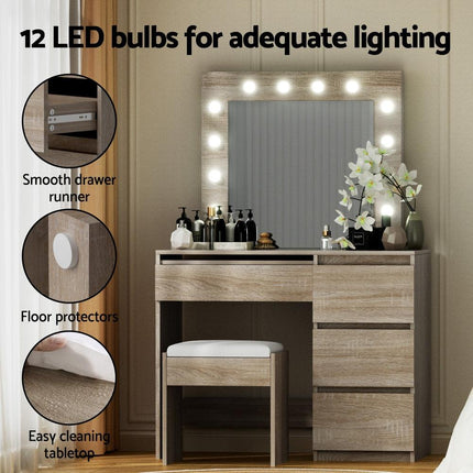 Artiss Dressing Table Set Stool 12 Led Bulbs Wood.