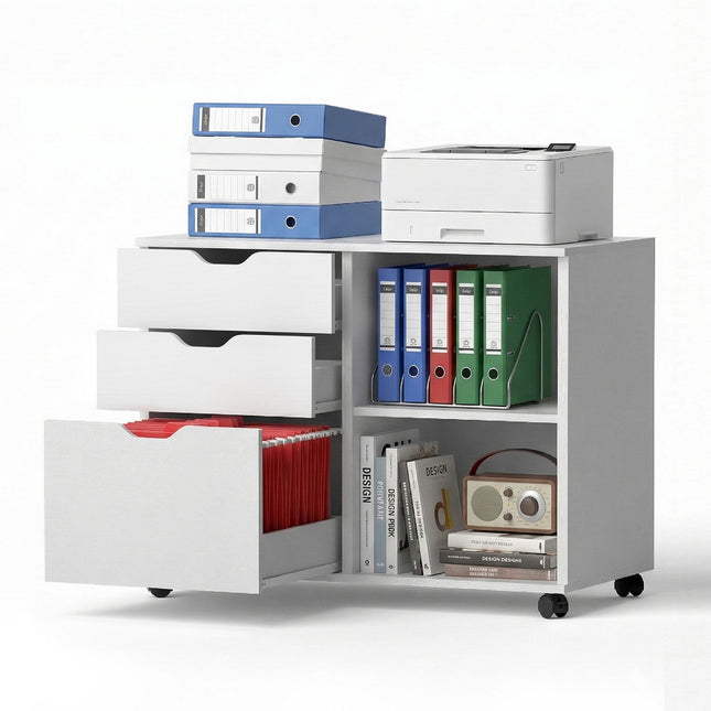 Artiss 3 Drawer Mobile Filing Cabinet Printer Stand Cabinet Home Office Storage White.