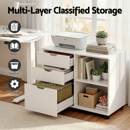 Artiss 3 Drawer Mobile Filing Cabinet Printer Stand Cabinet Home Office Storage White.