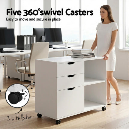 Artiss 3 Drawer Mobile Filing Cabinet Printer Stand Cabinet Home Office Storage White.