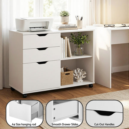 Artiss 3 Drawer Mobile Filing Cabinet Printer Stand Cabinet Home Office Storage White.