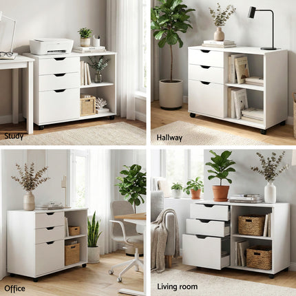 Artiss 3 Drawer Mobile Filing Cabinet Printer Stand Cabinet Home Office Storage White.