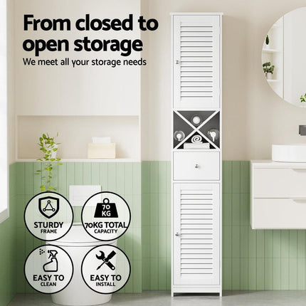 Artiss Bathroom Storage Cabinet 170cm Tall Slim Organiser Toilet Corner Adjustable Shelf Louver Door White.