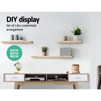 Artiss Floating Wall Shelf Set of 3 Oak.