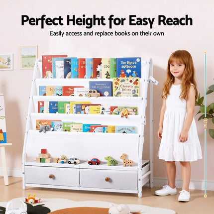 Keezi Kids Bookshelf Metal Storage Rack Toy Organiser Display Shelf Drawer White.
