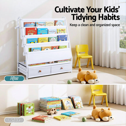 Keezi Kids Bookshelf Metal Storage Rack Toy Organiser Display Shelf Drawer White.