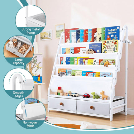 Keezi Kids Bookshelf Metal Storage Rack Toy Organiser Display Shelf Drawer White.