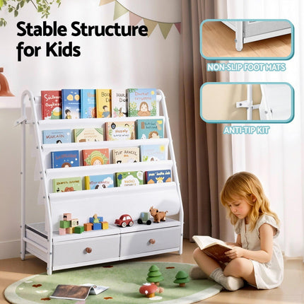 Keezi Kids Bookshelf Metal Storage Rack Toy Organiser Display Shelf Drawer White.
