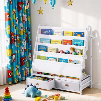 Keezi Kids Bookshelf Metal Storage Rack Toy Organiser Display Shelf Drawer White.