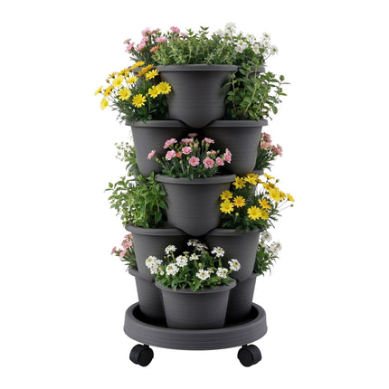 Green Fingers 5 Tier Vertical Garden Planter, Stackable Planters with 4 Wheels, Black, Raised Garden Bed, Garden Tower Indoor Outdoor, Auto Drainage System, for Strawberries, Herbs, Flower, Vegetables.