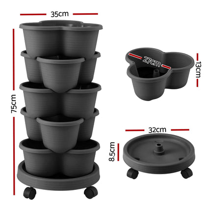 Green Fingers 5 Tier Vertical Garden Planter, Stackable Planters with 4 Wheels, Black, Raised Garden Bed, Garden Tower Indoor Outdoor, Auto Drainage System, for Strawberries, Herbs, Flower, Vegetables.