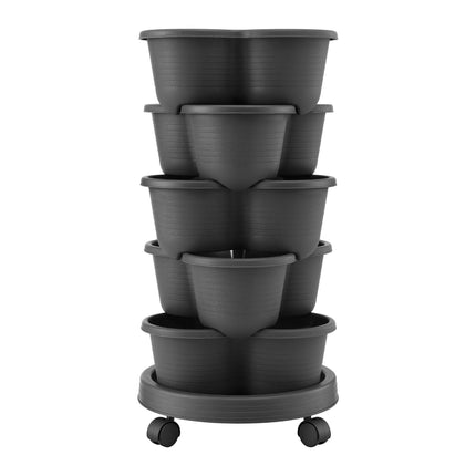 Green Fingers 5 Tier Vertical Garden Planter, Stackable Planters with 4 Wheels, Black, Raised Garden Bed, Garden Tower Indoor Outdoor, Auto Drainage System, for Strawberries, Herbs, Flower, Vegetables.