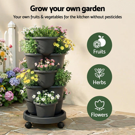 Green Fingers 5 Tier Vertical Garden Planter, Stackable Planters with 4 Wheels, Black, Raised Garden Bed, Garden Tower Indoor Outdoor, Auto Drainage System, for Strawberries, Herbs, Flower, Vegetables.