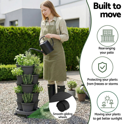 Green Fingers 5 Tier Vertical Garden Planter, Stackable Planters with 4 Wheels, Black, Raised Garden Bed, Garden Tower Indoor Outdoor, Auto Drainage System, for Strawberries, Herbs, Flower, Vegetables.