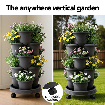 Green Fingers 5 Tier Vertical Garden Planter, Stackable Planters with 4 Wheels, Black, Raised Garden Bed, Garden Tower Indoor Outdoor, Auto Drainage System, for Strawberries, Herbs, Flower, Vegetables.
