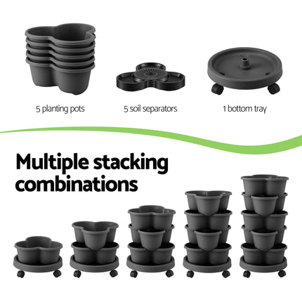 Green Fingers 5 Tier Vertical Garden Planter, Stackable Planters with 4 Wheels, Black, Raised Garden Bed, Garden Tower Indoor Outdoor, Auto Drainage System, for Strawberries, Herbs, Flower, Vegetables.