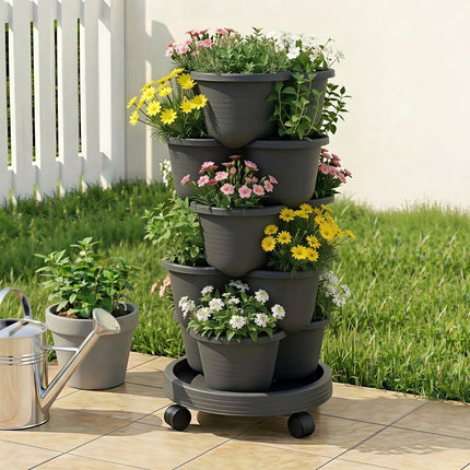 Green Fingers 5 Tier Vertical Garden Planter, Stackable Planters with 4 Wheels, Black, Raised Garden Bed, Garden Tower Indoor Outdoor, Auto Drainage System, for Strawberries, Herbs, Flower, Vegetables.