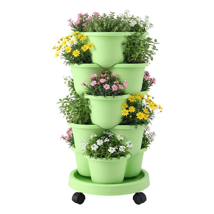 Green Fingers 5 Tier Vertical Garden Planter, Stackable Planters with Wheels, Light Green, Garden Bed, Garden Tower Indoor Outdoor, Auto Drainage System, for Strawberries, Herbs, Flowers, Vegetables.