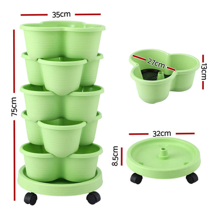Green Fingers 5 Tier Vertical Garden Planter, Stackable Planters with Wheels, Light Green, Garden Bed, Garden Tower Indoor Outdoor, Auto Drainage System, for Strawberries, Herbs, Flowers, Vegetables.