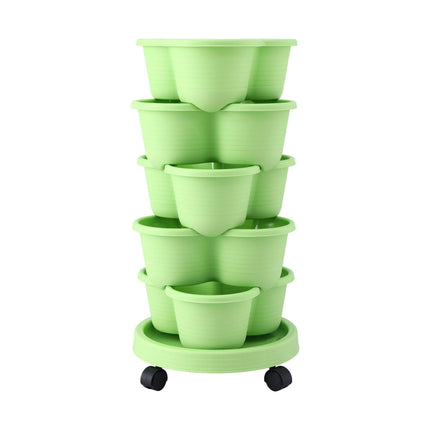 Green Fingers 5 Tier Vertical Garden Planter, Stackable Planters with Wheels, Light Green, Garden Bed, Garden Tower Indoor Outdoor, Auto Drainage System, for Strawberries, Herbs, Flowers, Vegetables.
