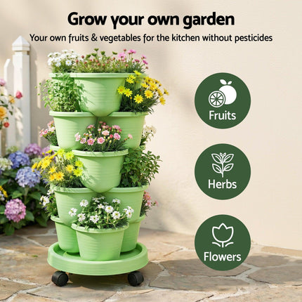 Green Fingers 5 Tier Vertical Garden Planter, Stackable Planters with Wheels, Light Green, Garden Bed, Garden Tower Indoor Outdoor, Auto Drainage System, for Strawberries, Herbs, Flowers, Vegetables.