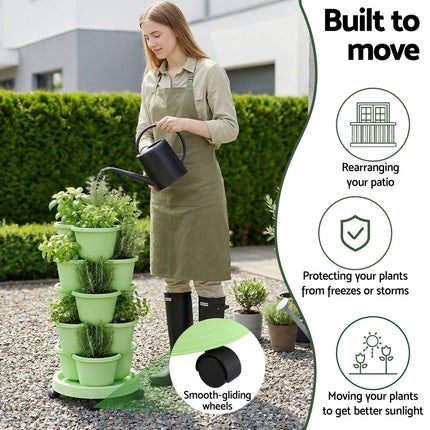 Green Fingers 5 Tier Vertical Garden Planter, Stackable Planters with Wheels, Light Green, Garden Bed, Garden Tower Indoor Outdoor, Auto Drainage System, for Strawberries, Herbs, Flowers, Vegetables.