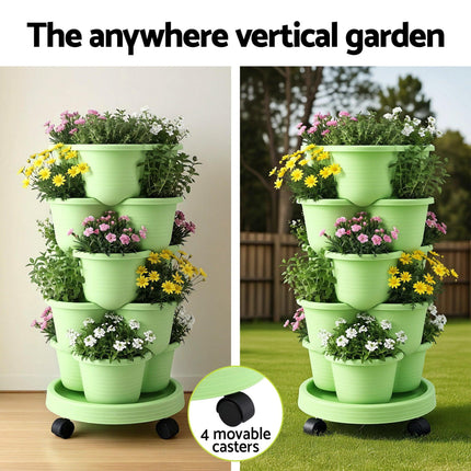 Green Fingers 5 Tier Vertical Garden Planter, Stackable Planters with Wheels, Light Green, Garden Bed, Garden Tower Indoor Outdoor, Auto Drainage System, for Strawberries, Herbs, Flowers, Vegetables.