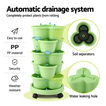 Green Fingers 5 Tier Vertical Garden Planter, Stackable Planters with Wheels, Light Green, Garden Bed, Garden Tower Indoor Outdoor, Auto Drainage System, for Strawberries, Herbs, Flowers, Vegetables.