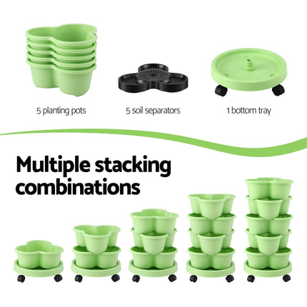 Green Fingers 5 Tier Vertical Garden Planter, Stackable Planters with Wheels, Light Green, Garden Bed, Garden Tower Indoor Outdoor, Auto Drainage System, for Strawberries, Herbs, Flowers, Vegetables.