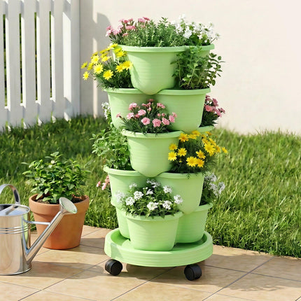 Green Fingers 5 Tier Vertical Garden Planter, Stackable Planters with Wheels, Light Green, Garden Bed, Garden Tower Indoor Outdoor, Auto Drainage System, for Strawberries, Herbs, Flowers, Vegetables.