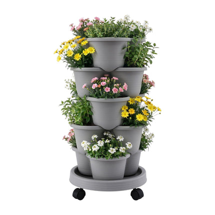 Green Fingers 5 Tier Vertical Garden Planter, Stackable Planters with 4 Wheels, Grey, Raised Garden Bed, Garden Tower Indoor Outdoor, Auto Drainage System, for Strawberries, Herbs, Flower, Vegetables.