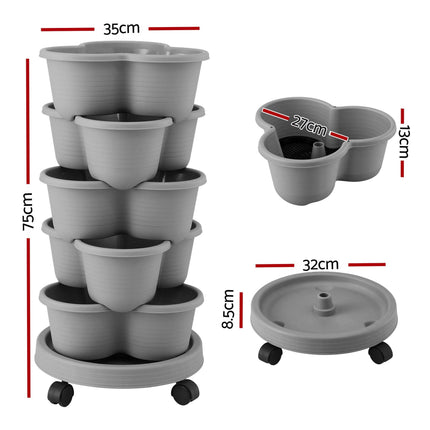 Green Fingers 5 Tier Vertical Garden Planter, Stackable Planters with 4 Wheels, Grey, Raised Garden Bed, Garden Tower Indoor Outdoor, Auto Drainage System, for Strawberries, Herbs, Flower, Vegetables.