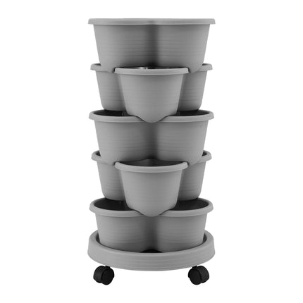 Green Fingers 5 Tier Vertical Garden Planter, Stackable Planters with 4 Wheels, Grey, Raised Garden Bed, Garden Tower Indoor Outdoor, Auto Drainage System, for Strawberries, Herbs, Flower, Vegetables.