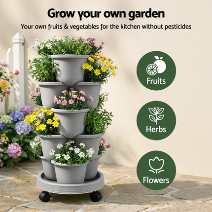 Green Fingers 5 Tier Vertical Garden Planter, Stackable Planters with 4 Wheels, Grey, Raised Garden Bed, Garden Tower Indoor Outdoor, Auto Drainage System, for Strawberries, Herbs, Flower, Vegetables.