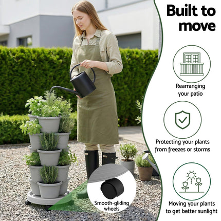 Green Fingers 5 Tier Vertical Garden Planter, Stackable Planters with 4 Wheels, Grey, Raised Garden Bed, Garden Tower Indoor Outdoor, Auto Drainage System, for Strawberries, Herbs, Flower, Vegetables.