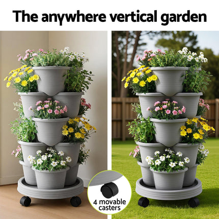 Green Fingers 5 Tier Vertical Garden Planter, Stackable Planters with 4 Wheels, Grey, Raised Garden Bed, Garden Tower Indoor Outdoor, Auto Drainage System, for Strawberries, Herbs, Flower, Vegetables.