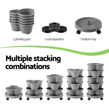 Green Fingers 5 Tier Vertical Garden Planter, Stackable Planters with 4 Wheels, Grey, Raised Garden Bed, Garden Tower Indoor Outdoor, Auto Drainage System, for Strawberries, Herbs, Flower, Vegetables.