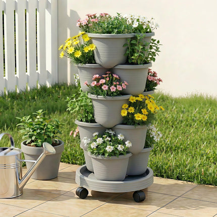 Green Fingers 5 Tier Vertical Garden Planter, Stackable Planters with 4 Wheels, Grey, Raised Garden Bed, Garden Tower Indoor Outdoor, Auto Drainage System, for Strawberries, Herbs, Flower, Vegetables.