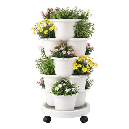 Green Fingers 5 Tier Vertical Garden Planter, Stackable Planters with Wheels, White, Garden Bed, Garden Tower Indoor Outdoor, Auto Drainage System, for Strawberries, Herbs, Flowers, Vegetables.
