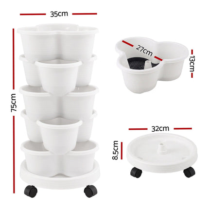 Green Fingers 5 Tier Vertical Garden Planter, Stackable Planters with Wheels, White, Garden Bed, Garden Tower Indoor Outdoor, Auto Drainage System, for Strawberries, Herbs, Flowers, Vegetables.