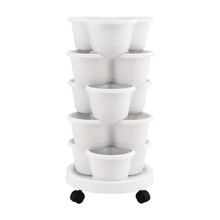 Green Fingers 5 Tier Vertical Garden Planter, Stackable Planters with Wheels, White, Garden Bed, Garden Tower Indoor Outdoor, Auto Drainage System, for Strawberries, Herbs, Flowers, Vegetables.