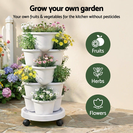 Green Fingers 5 Tier Vertical Garden Planter, Stackable Planters with Wheels, White, Garden Bed, Garden Tower Indoor Outdoor, Auto Drainage System, for Strawberries, Herbs, Flowers, Vegetables.