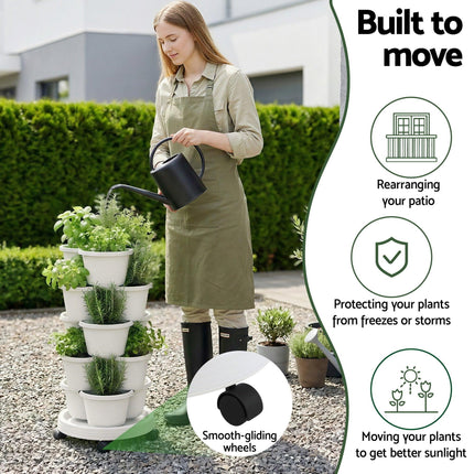 Green Fingers 5 Tier Vertical Garden Planter, Stackable Planters with Wheels, White, Garden Bed, Garden Tower Indoor Outdoor, Auto Drainage System, for Strawberries, Herbs, Flowers, Vegetables.