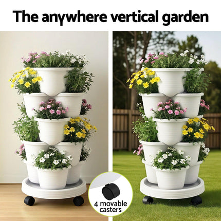 Green Fingers 5 Tier Vertical Garden Planter, Stackable Planters with Wheels, White, Garden Bed, Garden Tower Indoor Outdoor, Auto Drainage System, for Strawberries, Herbs, Flowers, Vegetables.