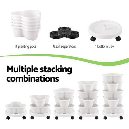 Green Fingers 5 Tier Vertical Garden Planter, Stackable Planters with Wheels, White, Garden Bed, Garden Tower Indoor Outdoor, Auto Drainage System, for Strawberries, Herbs, Flowers, Vegetables.